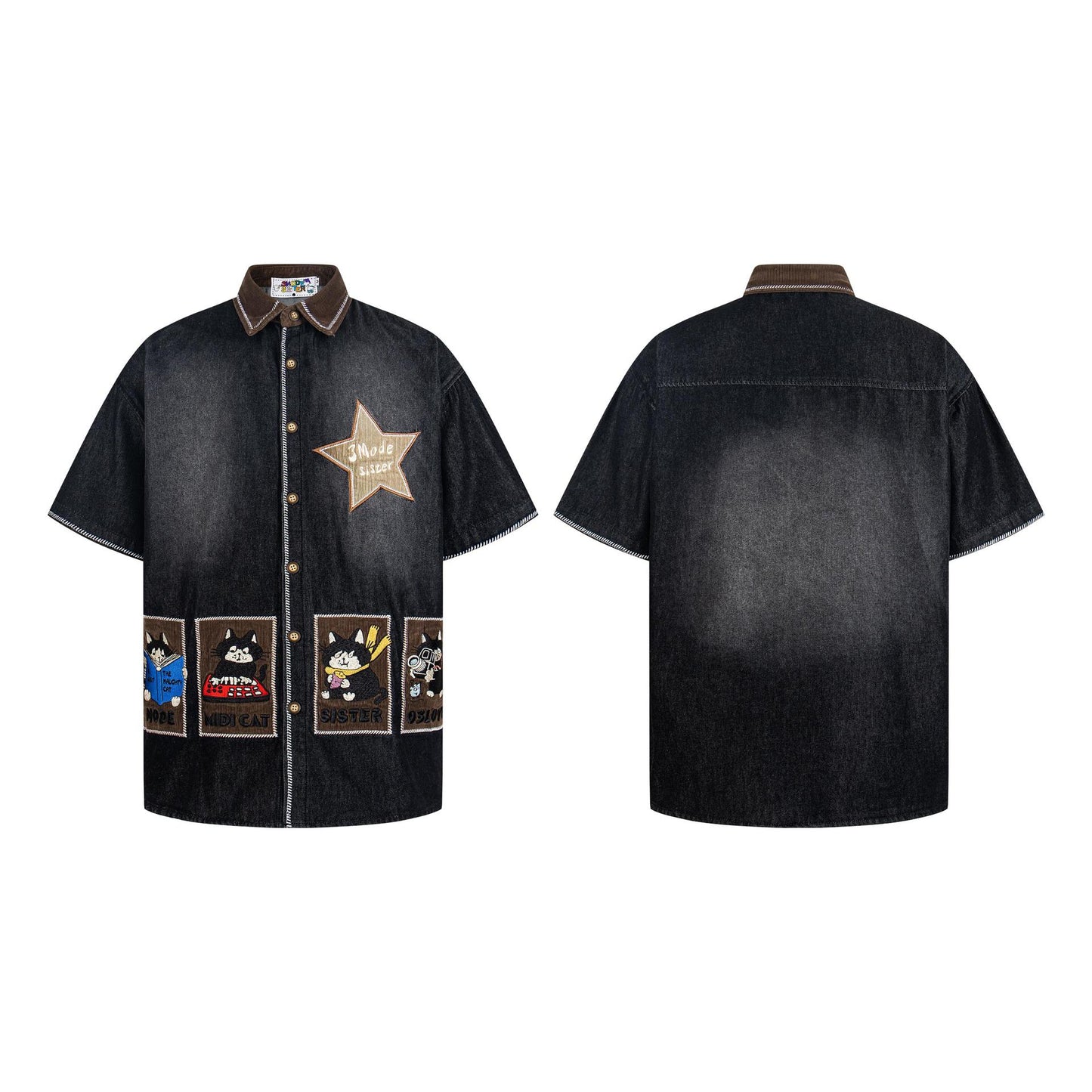 Cat Embroidered Cowboy Short Sleeve