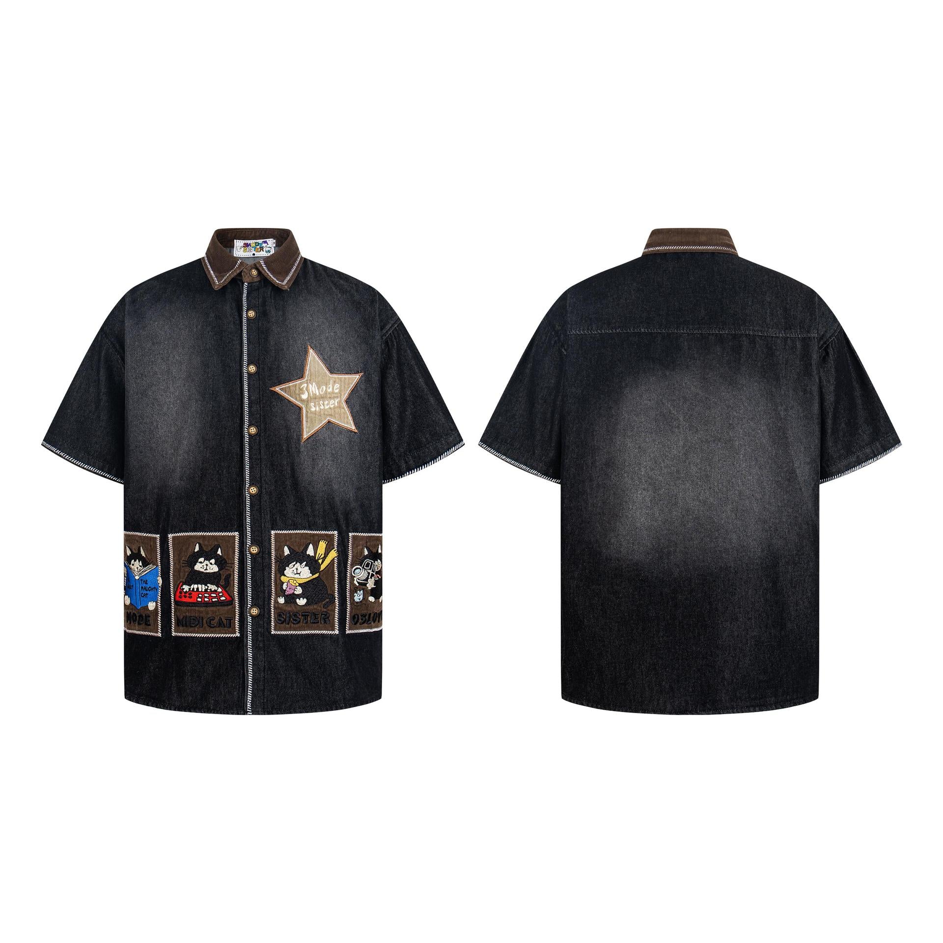 Cat Embroidered Cowboy Short Sleeve