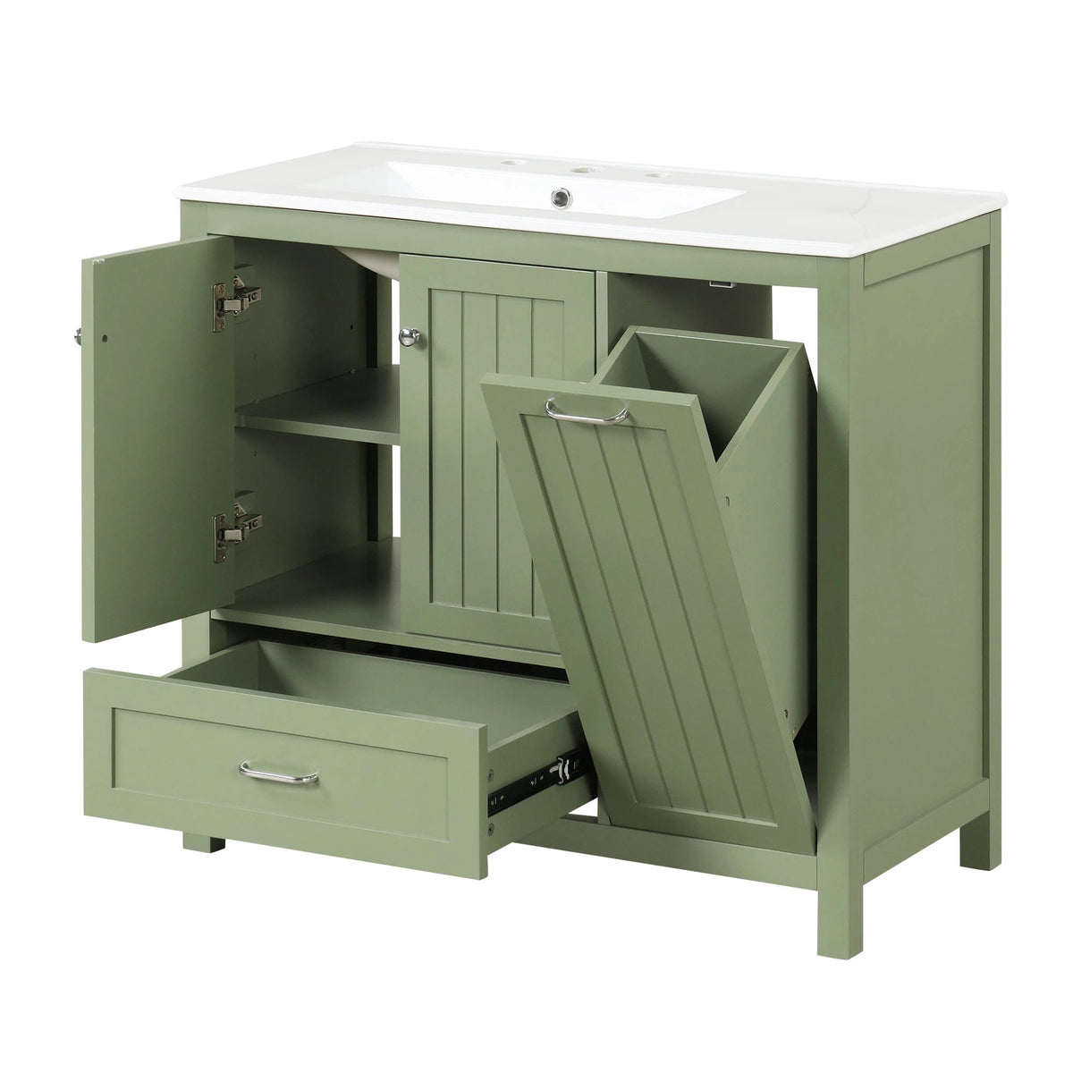 36 inch bathroom vanity with sink, one double door cabinet one large drawer and one flip drawer solid wood and MDF board, green by eprolo