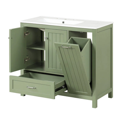 36 inch bathroom vanity with sink, one double door cabinet one large drawer and one flip drawer solid wood and MDF board, green by eprolo