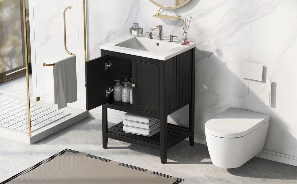 24" Black Modern Sleek Bathroom Vanity Elegant Ceramic Sink with Solid Wood Frame Open Style Shelf by eprolo
