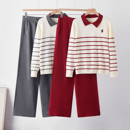 Ensemble en maille rayée à col rabattu élégant, pantalon ample à jambes larges pour femme