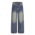 Pantalon jean délavé jambes larges droites avec blocs de couleur