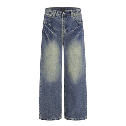 Color blocking white washed denim wide leg straight leg pants
