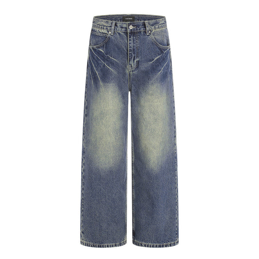 Color blocking white washed denim wide leg straight leg pants