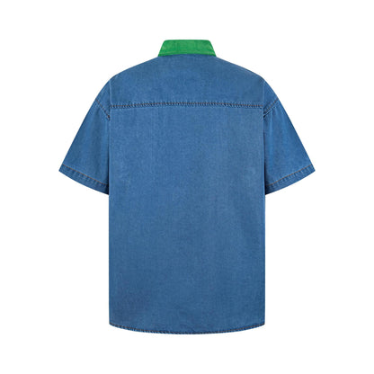 Pineapple cat embroidered contrasting denim shirt
