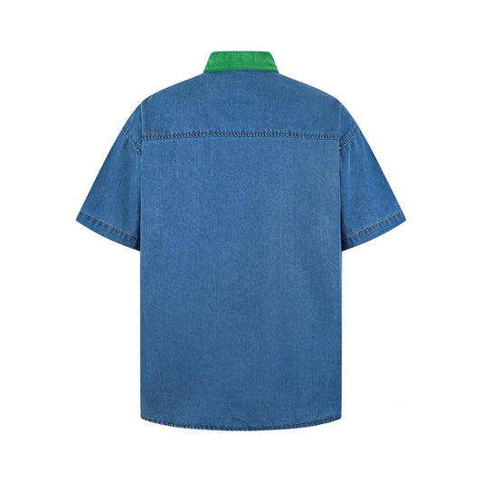 Pineapple cat embroidered contrasting denim shirt