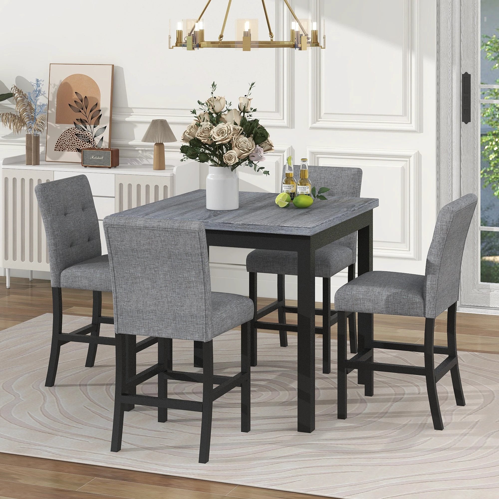 TOPMAX 5-piece cabinet dining table set, wooden square dining table and chairs, and 4 soft cushioned high back chairs in black by eprolo