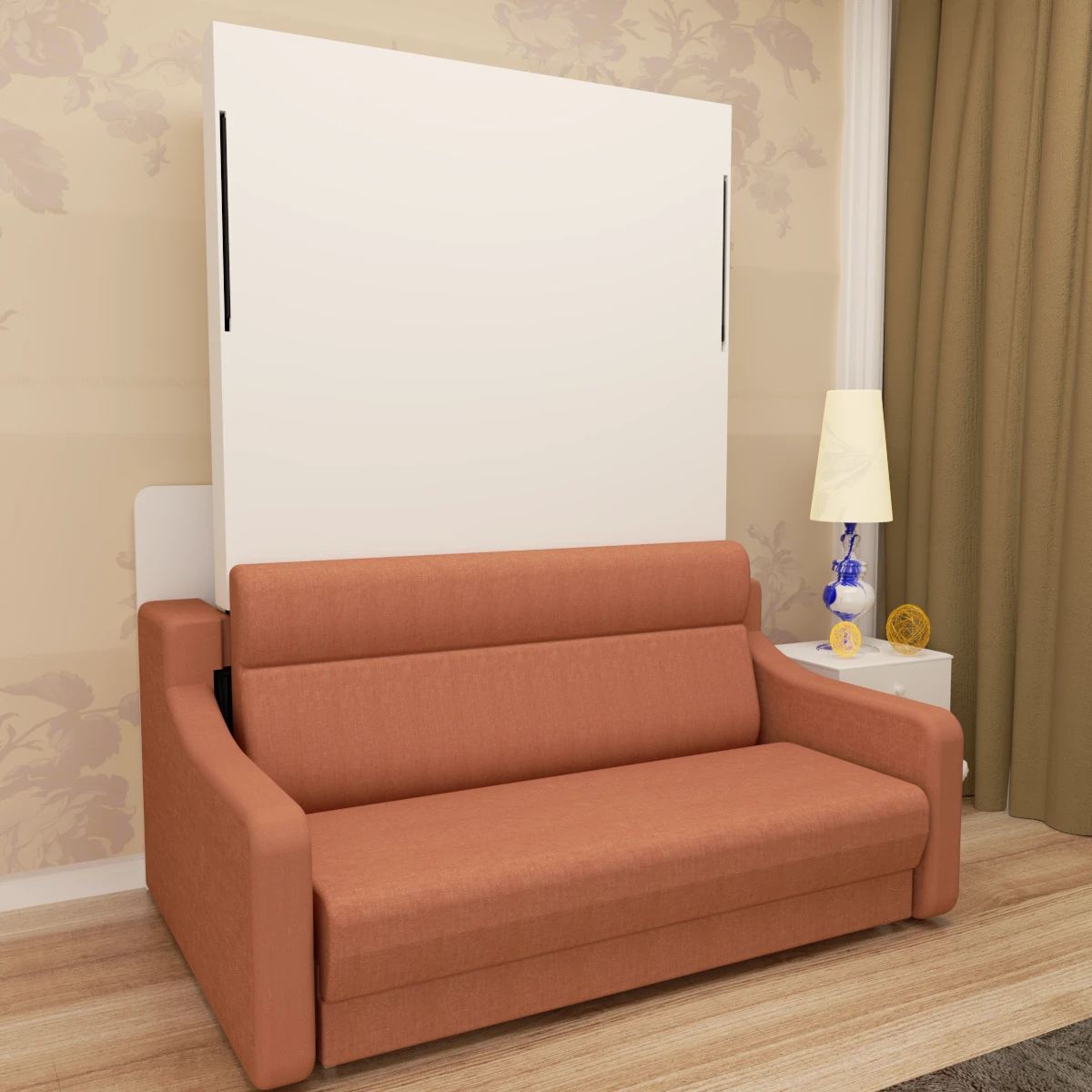 Full size Morden Deisgn vertical Murphy bed with sofa and drawers, white wall bed, space saving hidden bed with new gas pillars by eprolo