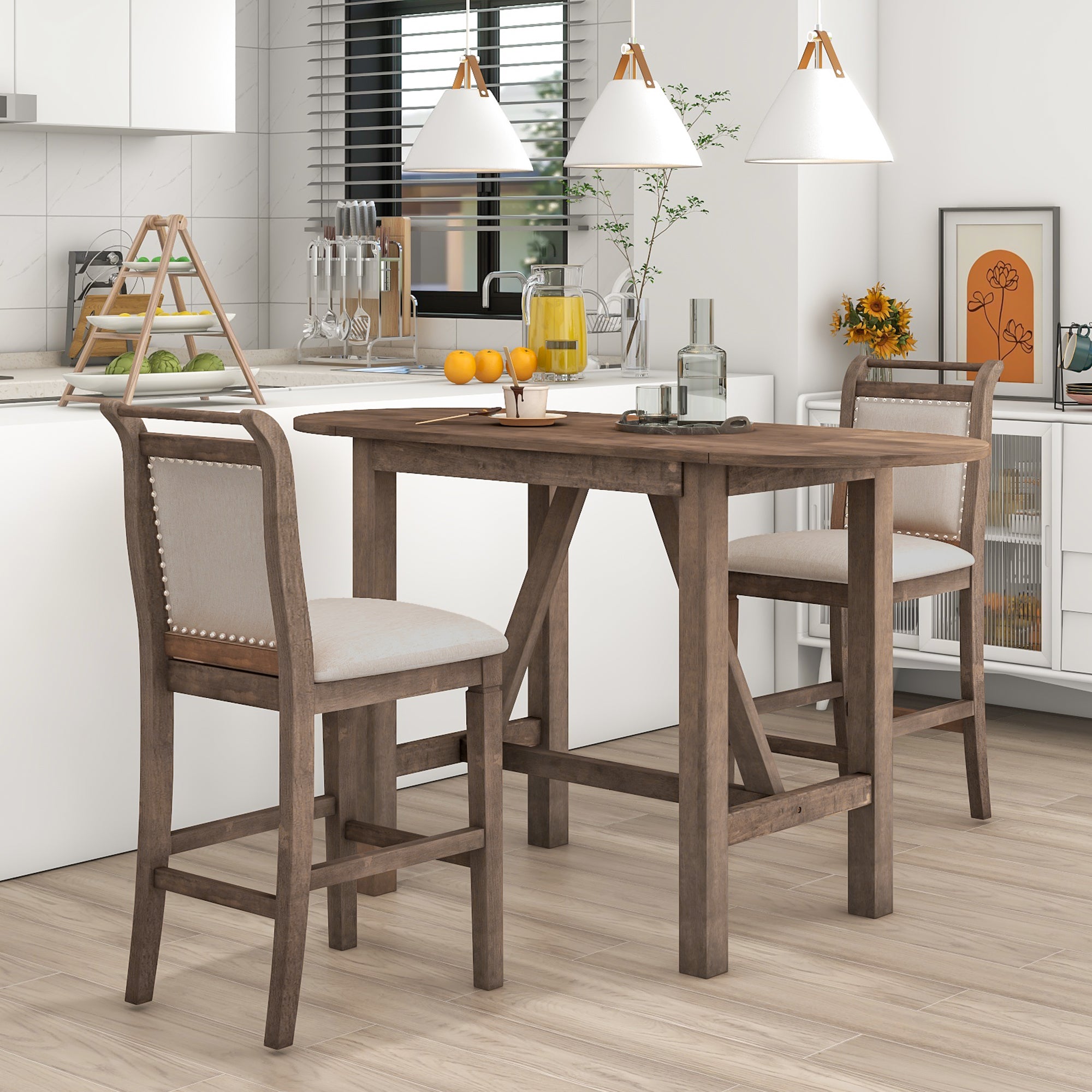 3-Piece Wood Counter Height Drop Leaf Dining Table Set