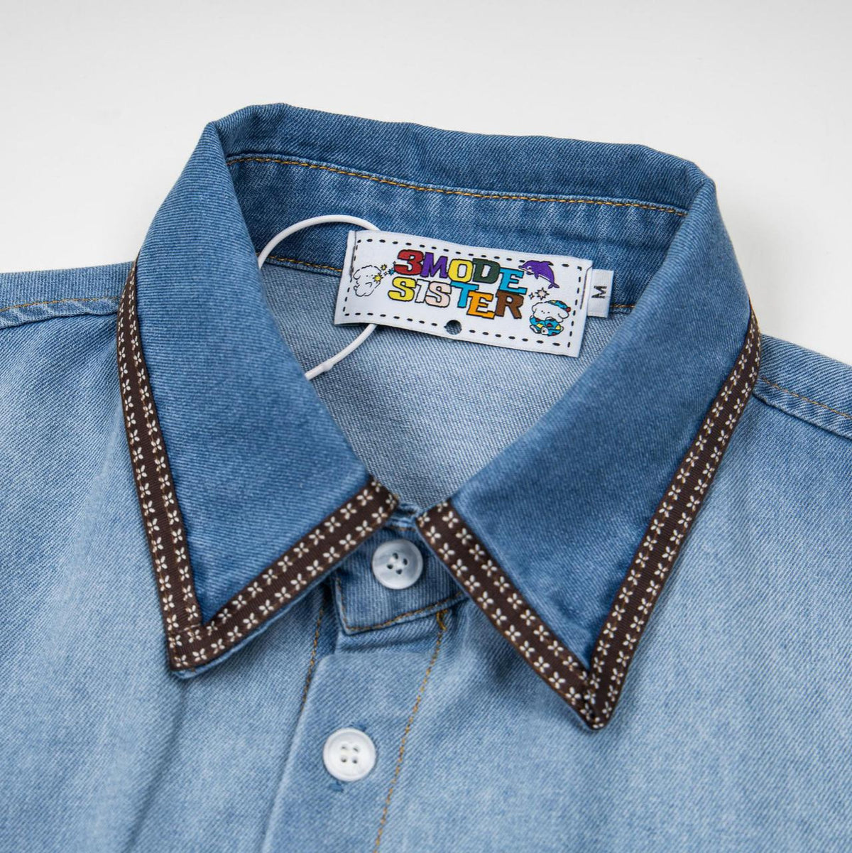 Cat embroidered denim short sleeved shirt