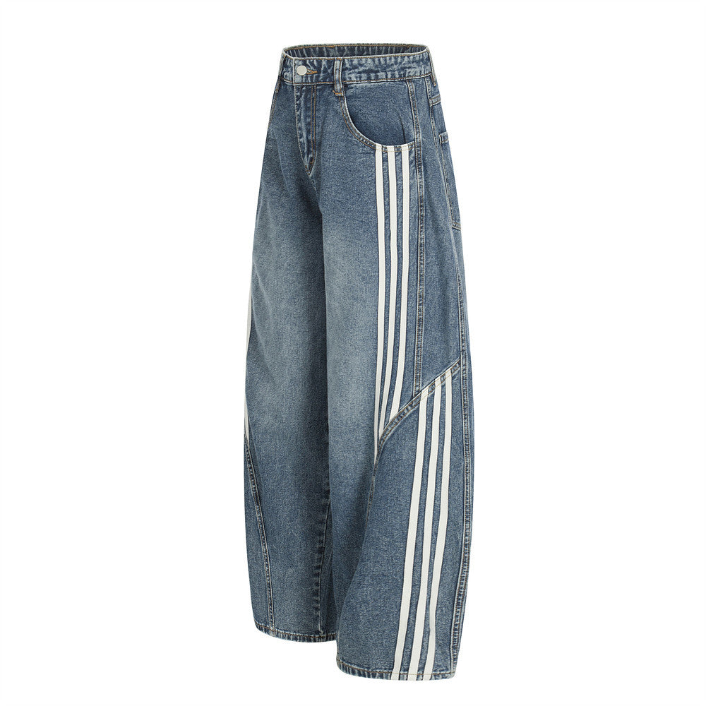 Three bar washed denim curved knife pants