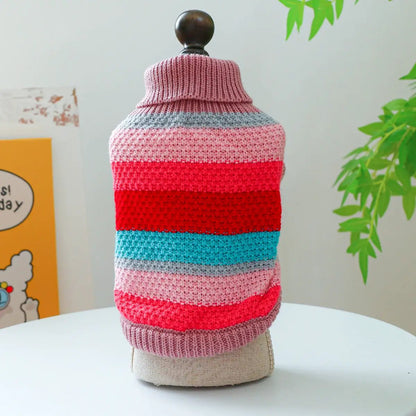Pet striped knit sweater by AdTec with pink, red and blue bands and turtleneck collar