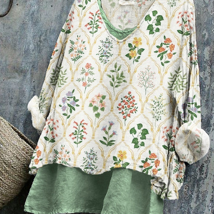 Manga Larga Informal Estampada Suelta Floral para Mujer
