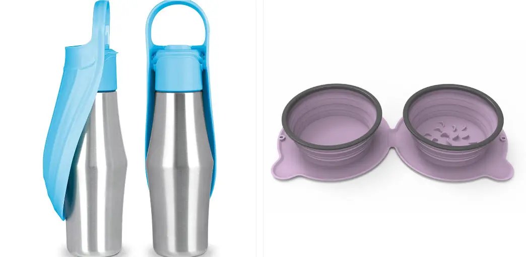 Two-piece pet travel set: blue stainless water bottle with silicone sleeve and handle plus purple collapsible bowls.