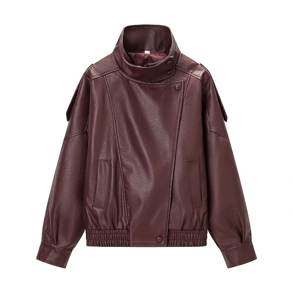 Women's stand-collar PU leather jacket, burgundy, loose-fit short style with side pockets by AdTec.