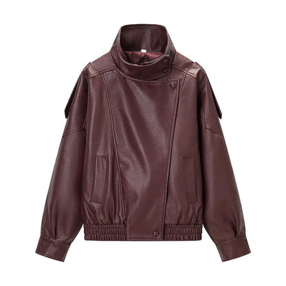 Women's stand-collar PU leather jacket, burgundy, loose-fit short style with side pockets by AdTec.