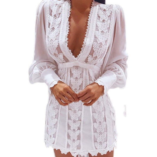 Vestidos blancos elegantes, sexy vestido de encaje con cuello en V, vestido largo de manga abullonada con mariposas para mujer