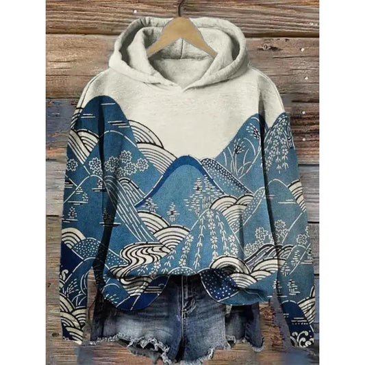 Womens Floral Printed Hooded Long Sleeve Pullover Sweatshirt with blue and cream mountain pattern