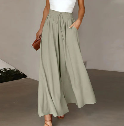 Pantalon long taille haute et large pour femme avec ceinture élastique