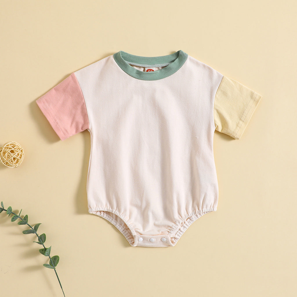 Baby Solid Color Stitching Romper Short Sleeve