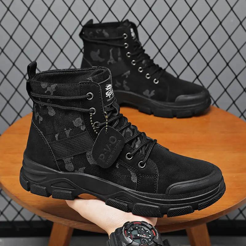 Mens High-top Hiking Boots by AdTec, black with rugged outsole, 2 boots
