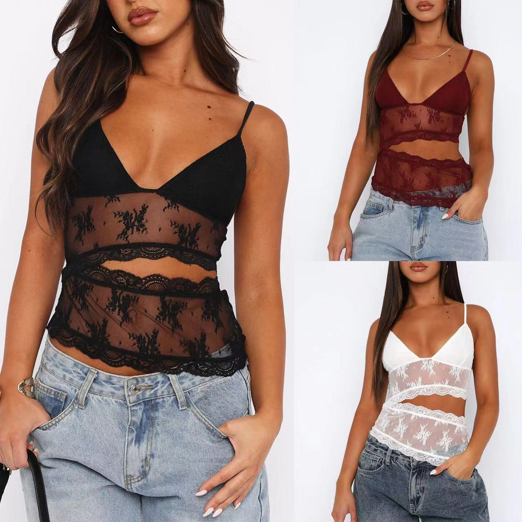 Lencería de encaje con espalda descubierta para mujer, top sin mangas con cuello en V, chaleco, bralette de color caramelo.