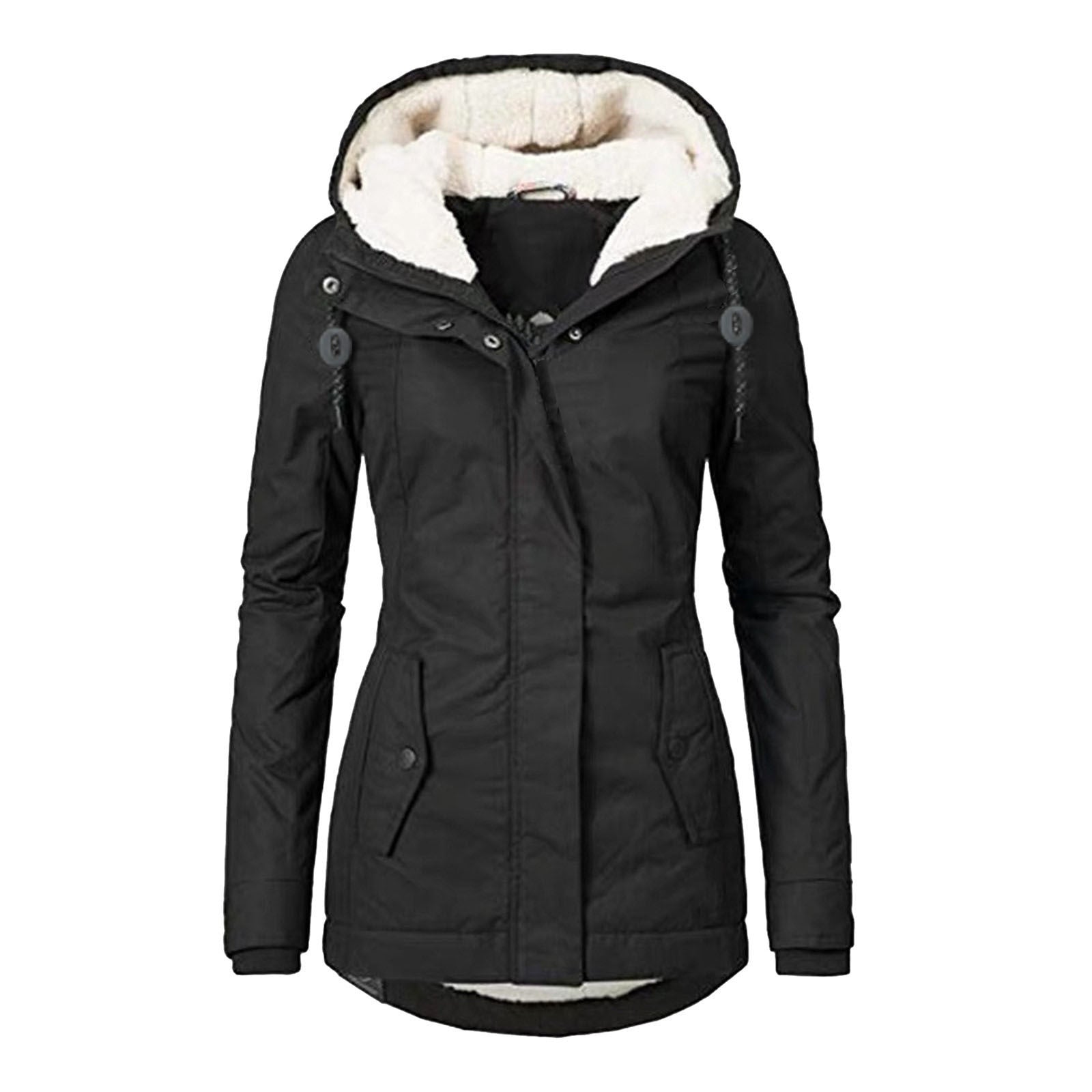 Chaqueta con Capucha de Invierno Color Sólido Cálida con Hebilla y Cremallera de Lana con Bolsillos Chaqueta Casual para Mujer