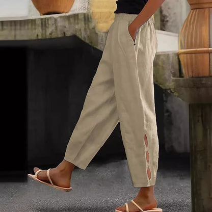 Pantalon d'été pour femme, détails creux à la cheville, avec boutons à l'ourlet