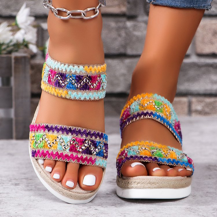 Sandales tressées à motif ondulé tendance, pantoufles décontractées d'été de style ethnique, chaussures compensées à large lanière à semelle en lin pour femmes