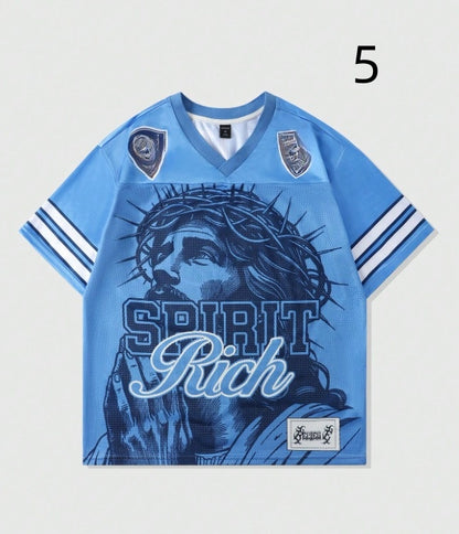 T-shirt rétro avec lettre en polyester, maille style américain rétro