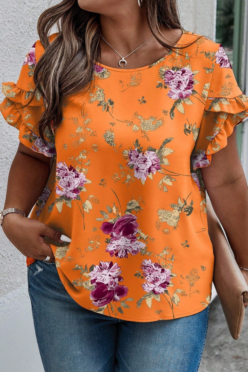 Cuello Redondo Manga Costura Pliegues Estampado Manga Corta Informal