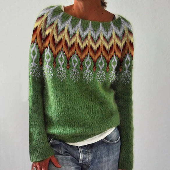 Pull en maille décontracté ample à col rond multicolore pour femme
