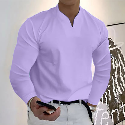 Chemises à manches longues col en V couleur unie décontractées pour hommes
