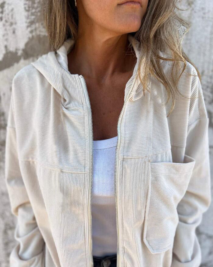 Chaqueta con capucha de pana lisa sencilla para mujer
