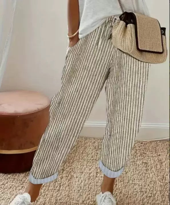 Pantalon décontracté d'été à rayures, ample, taille élastique pour femme