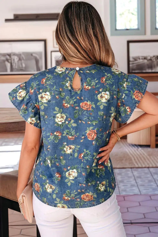 Ruffled short-sleeve floral blue denim top with back keyhole detail