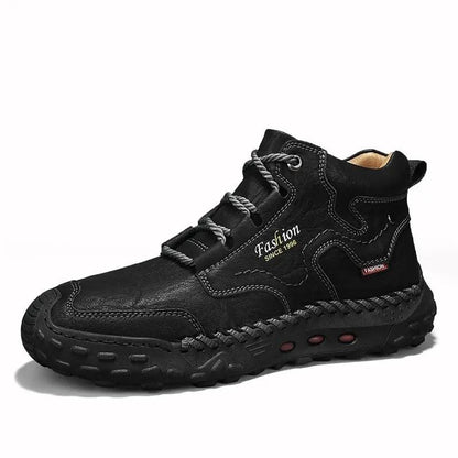 Crestview Thick Sole Martin Boot, black boot with rugged outsole and contrast stitching