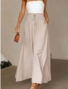 Pantalon long taille haute et large pour femme avec ceinture élastique