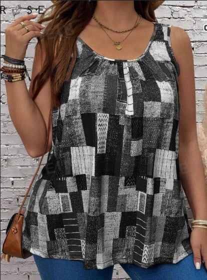 Camiseta sin mangas plisada casual con estampado geométrico y cuello redondo para mujer de talla grande