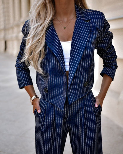 Trajes de rayas de moda primaveral para mujer, tops cortos casuales de manga larga con solapa y pantalones rectos, ropa de mujer