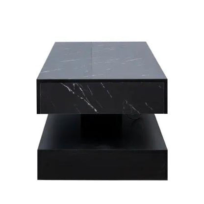 AdTec 6.93in high LED coffee table, black marble-top look with two-tier design