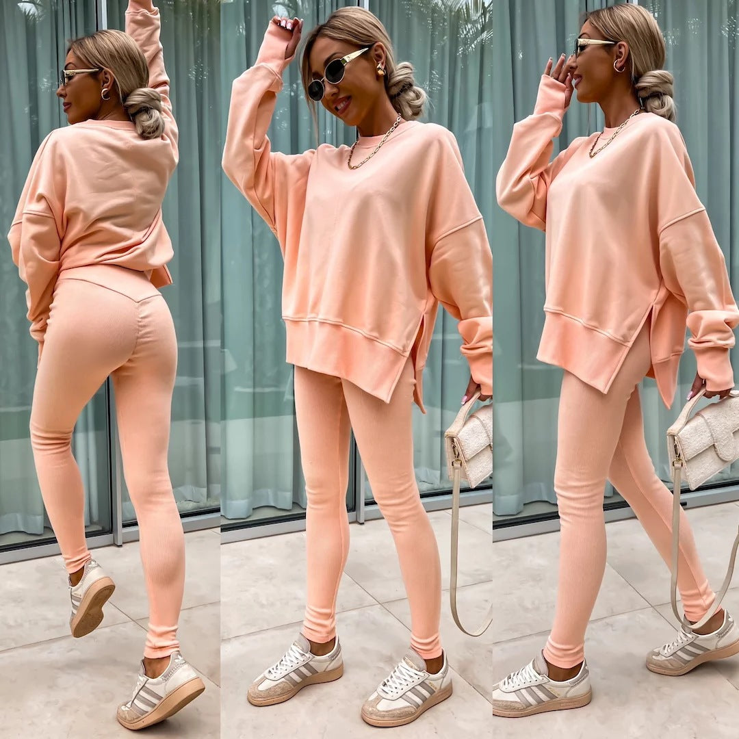 Ensemble de survêtement pour femme, décontracté, ample, haut fendu à manches longues et col rond, pantalon ajusté