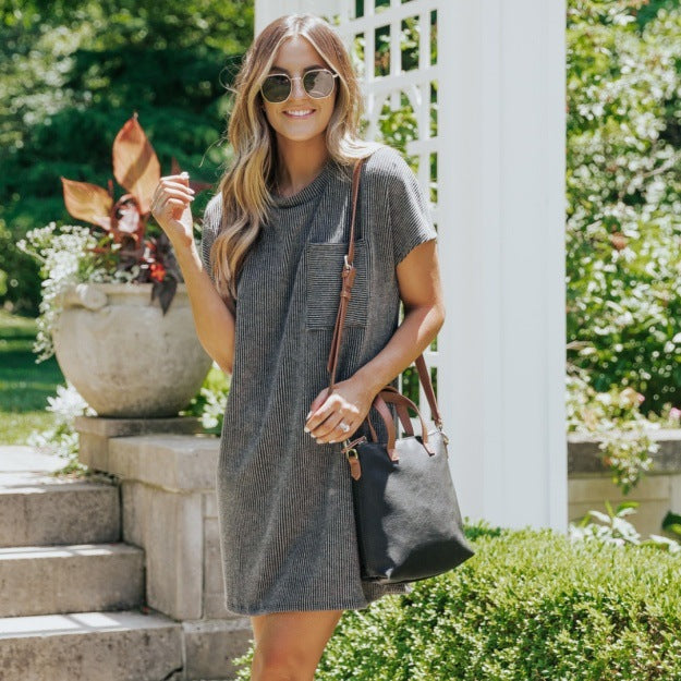 Robe Courte Rayée à Manches Courtes avec Poches pour Femme