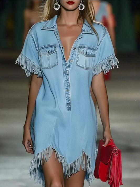 Fringed short-sleeve denim shirt dress with front pockets in light blue, plus size