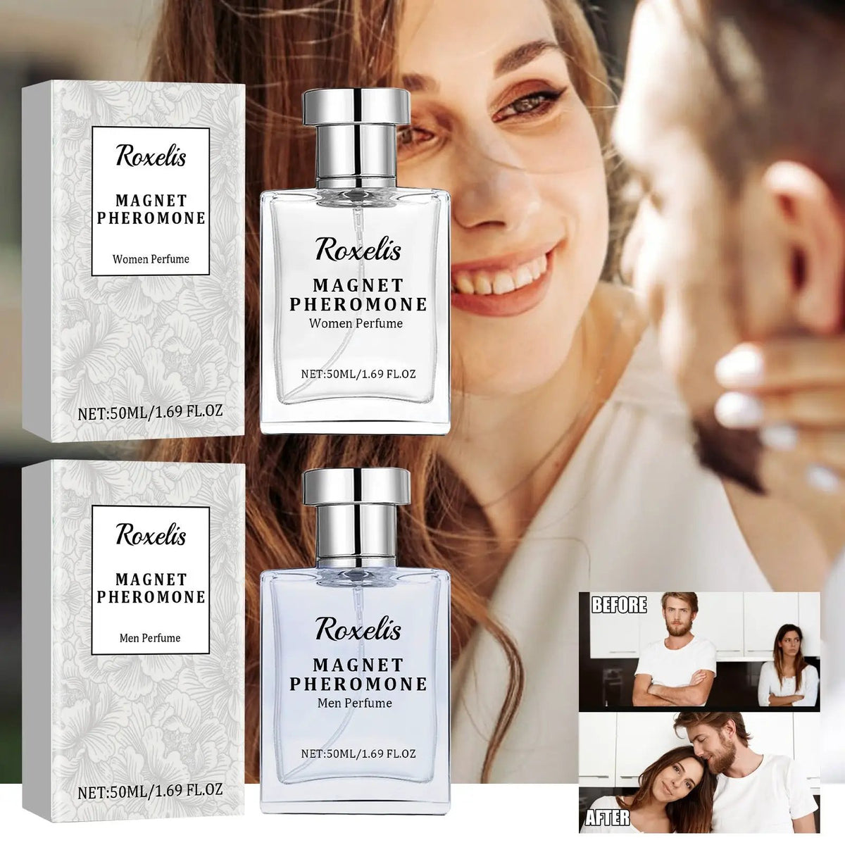 Roxelis Magnetic Pheromone perfume bottles (2) with silver caps beside floral-patterned boxes