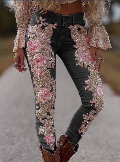 Pantalon en faux jean fleuri et coloré pour femme
