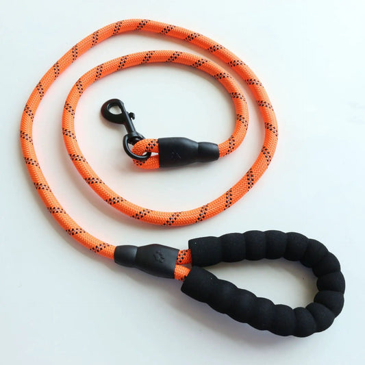 Durable Dog Reflective Rope Leashes by AdTec; orange rope with black pattern and padded handles (2 shown)