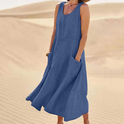 Vestido Largo de Verano sin Mangas con Bolsillos, Vestidos Casuales Sueltos de Moda, Ropa de Mujer