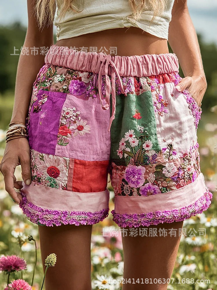 Pantalones cortos casuales de mujer con estampado floral retro europeo y americano